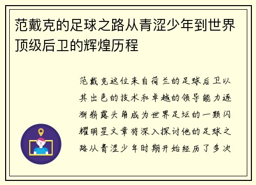 范戴克的足球之路从青涩少年到世界顶级后卫的辉煌历程